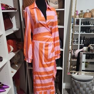SHEIN Orange and Pink Geometric Long Sleeve Dress